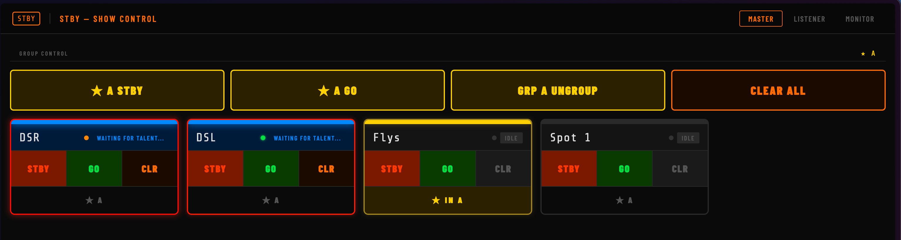Master view showing channel cards in various states with group controls