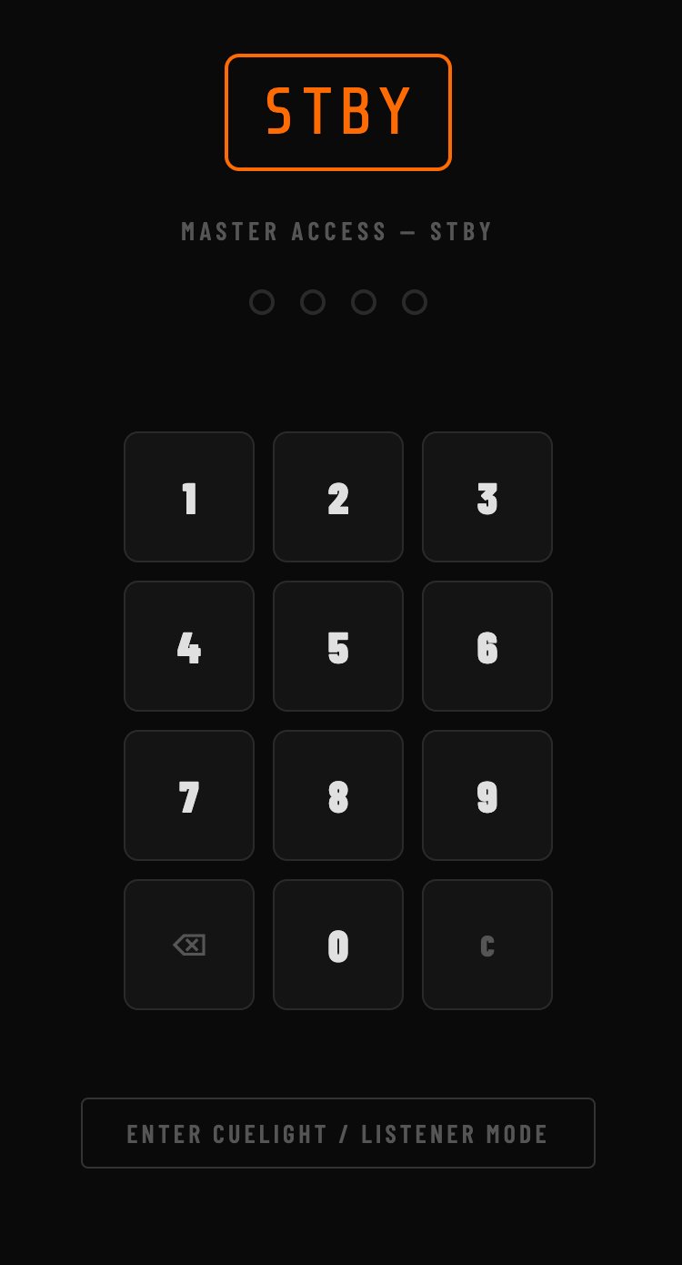 PIN screen showing the STBY logo, four empty PIN dots, and a 3x4 number keypad