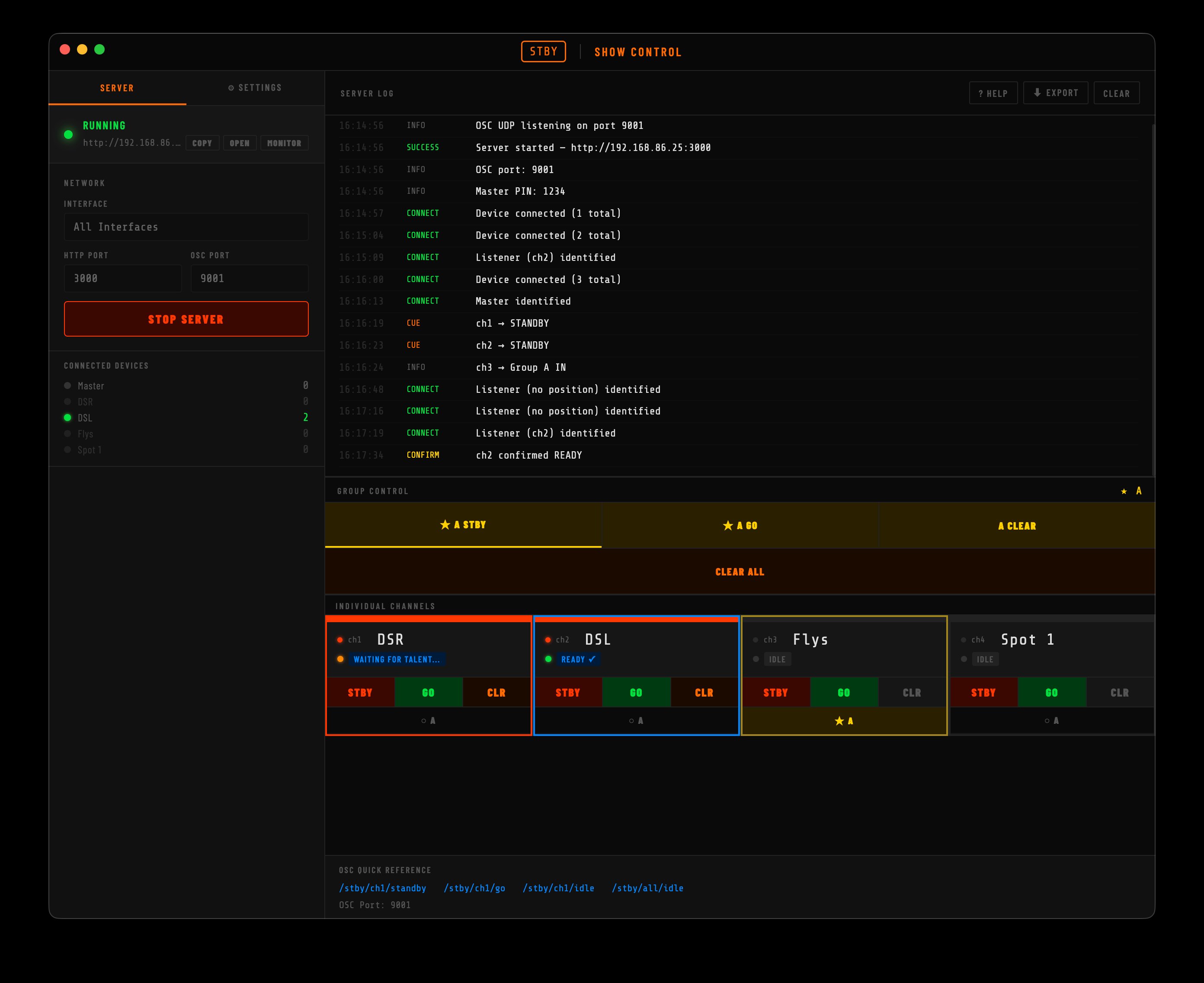 STBY server app showing the main window with server running, log panel, and channel cards